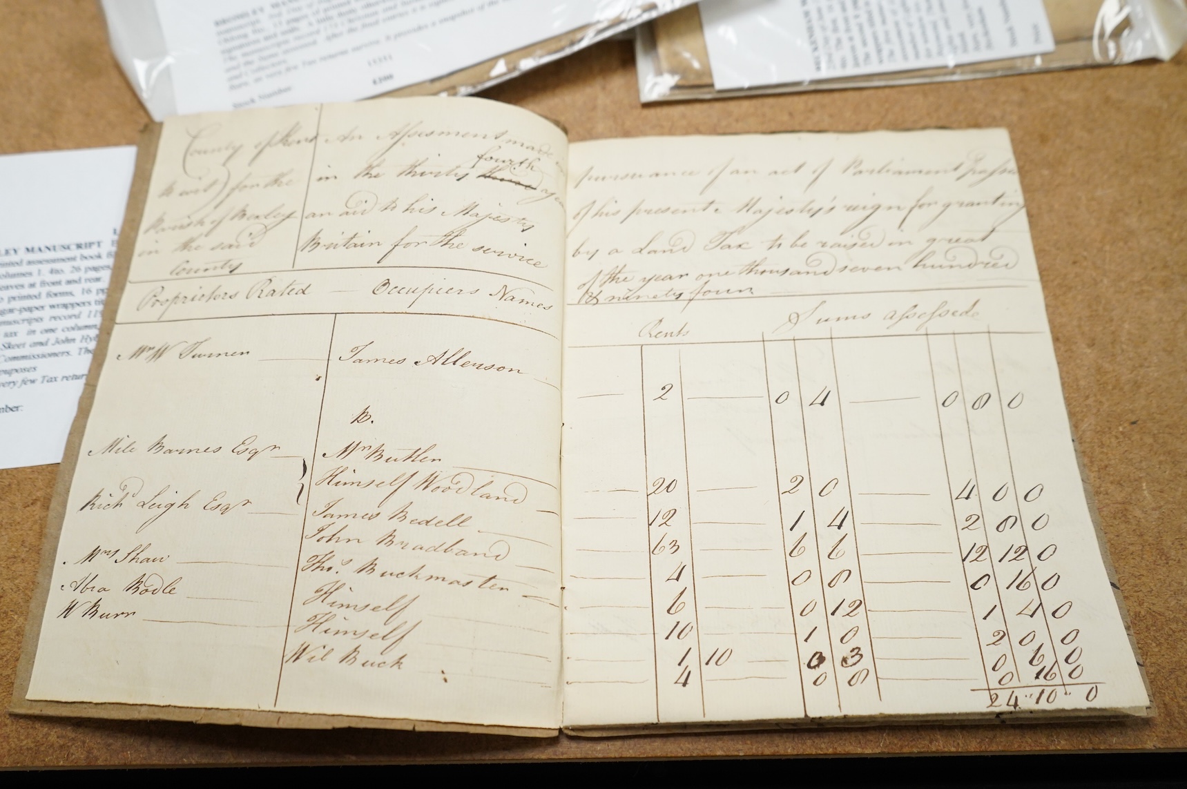 Kent 18th Century Taxation - Beckenham Land Tax Assessment book, 1766: contemp. wrappers (sewn), 8vo. ms. cover title, 8pp. ms. headed and ruled in 6 columns with full ms. infill details (approx. 75 occupiers named), sig